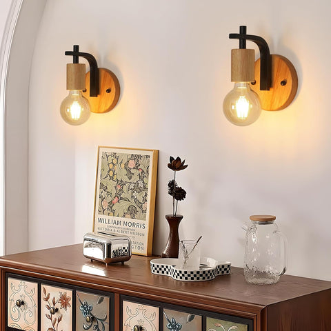 Set van 2 Vintage Wandlampen Hout en Zwart Metaal E27