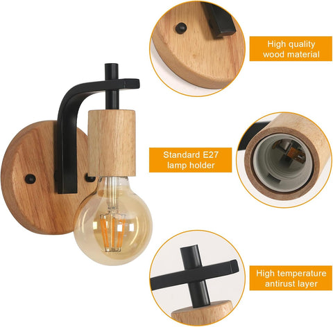 Set van 2 Vintage Wandlampen Hout en Zwart Metaal E27