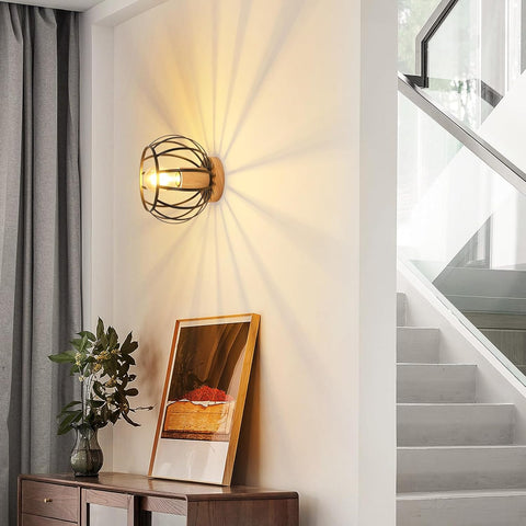 Industriële Plafondlamp – Hout & Zwarte Kooi E27