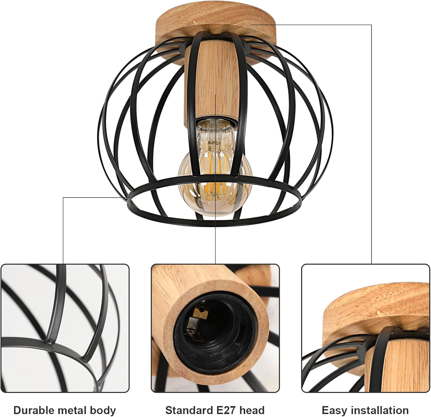 Industriële Plafondlamp – Hout & Zwarte Kooi E27