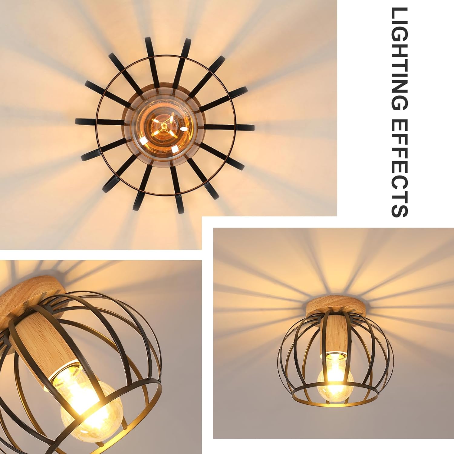 Industriële Plafondlamp – Hout & Zwarte Kooi E27