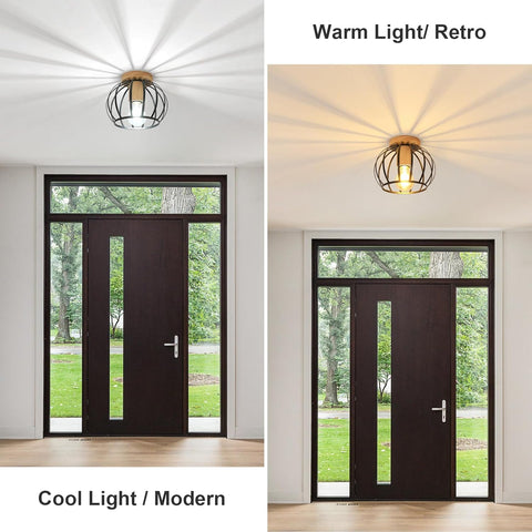 Industriële Plafondlamp – Hout & Zwarte Kooi E27