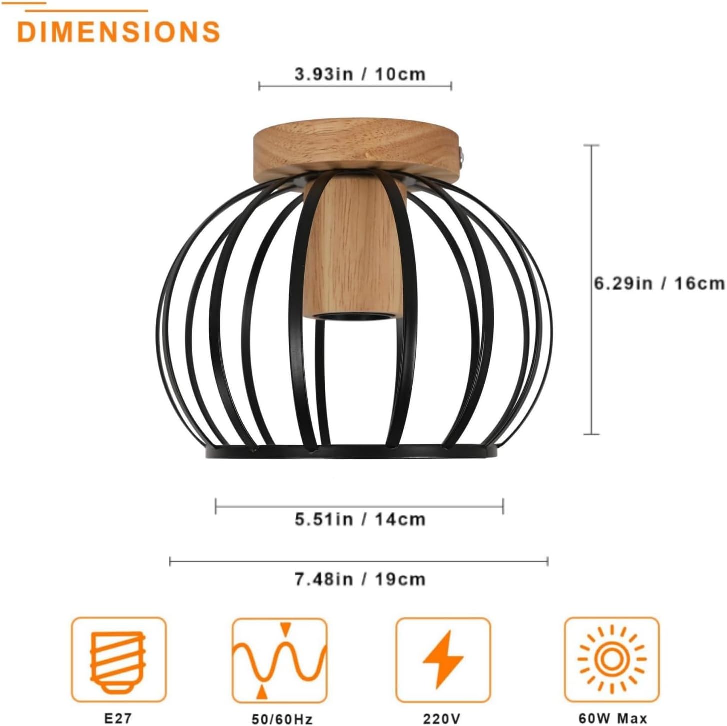 Industriële Plafondlamp – Hout & Zwarte Kooi E27