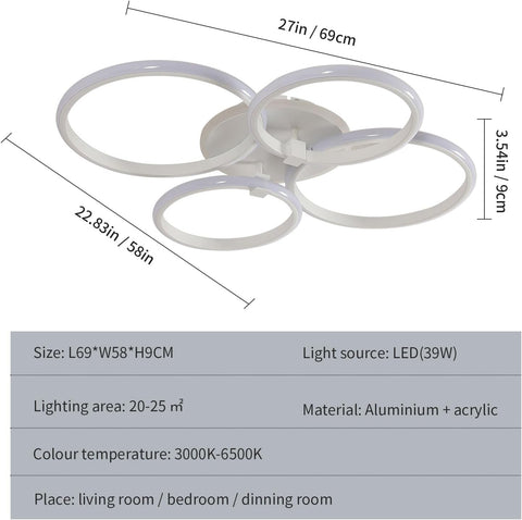 Moderne LED Plafondlamp met 4 Ringen, 39W