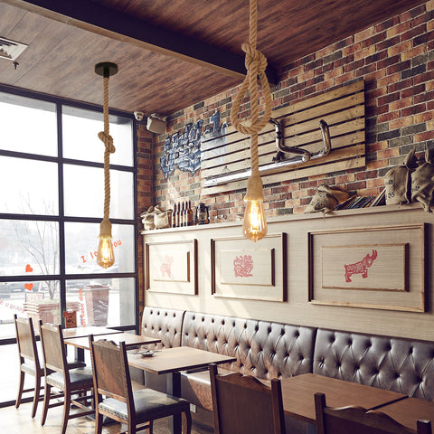 Industriële hangende kroonluchter, enkele kop henneptouw kroonluchter, retro E27 hanglamp voor eetkamer restaurant bar, 150cm