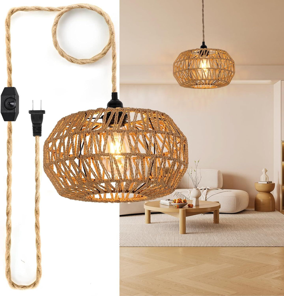 Suspension Luminaire Rotin, E27 Lustre Plafonnier Vintage en Tresser, Interrupteur à Dimmable, Lustre Chambre, Salon, Lampe de Plafond (Sans Ampoule)