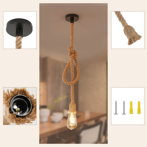 Industriële hangende kroonluchter, enkele kop henneptouw kroonluchter, retro E27 hanglamp voor eetkamer restaurant bar, 150cm