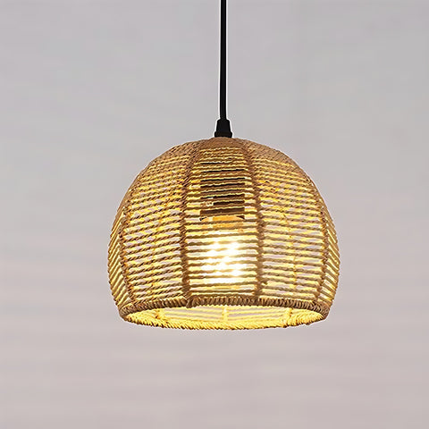 Geweven bamboe kroonluchter - 20x20cm, zwarte voet, E27 fitting, zonder lichtbron, 1,2m ophangkabel