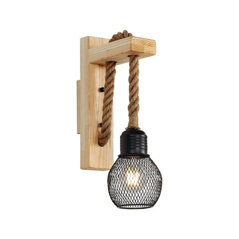 GOECO Vintage industriële wandlamp, retro rustieke houten wandlamp, zwarte metalen kooi lampenkap, henneptouw hangende wandverlichting (geen lampen)
