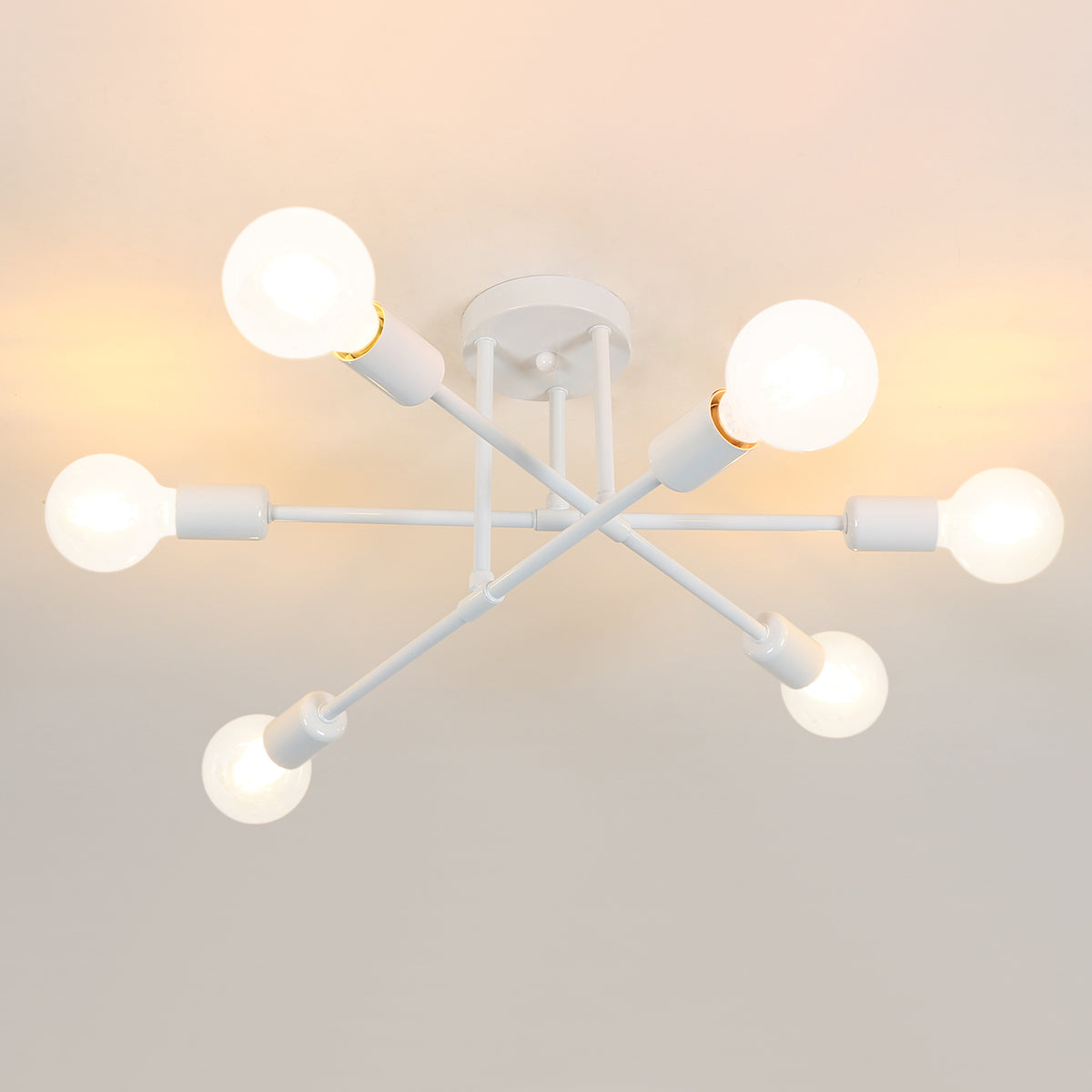 Plafonnier LED Moderne, Rétro Lustre Lampe Suspension Vintage 6 Lumières E27 Base, Lustre Luminaire en Métal Lampe pour Salon Chambre Cuisine Couloir Loft salle à manger Bar Café, Blanc (Sans ampoules)