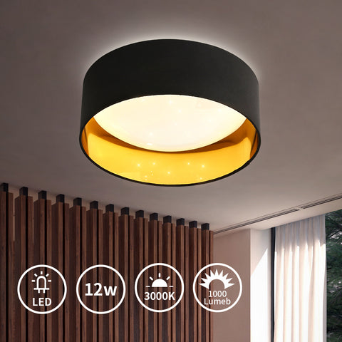 Moderne plafondlamp 12W 1000LM, 3000K zwart en goud glitter plafondlamp, LED-kroonluchter met sterrenhemeleffect voor woonkamer, slaapkamer