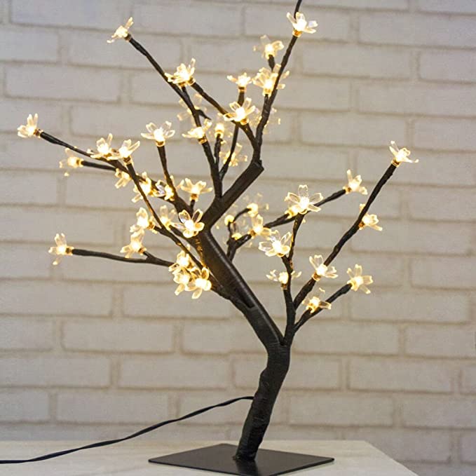 45 cm LED-verlichte boom met 48 kersenbloesems, LED-verlichting, voor Kerstmis, Binnen, Decoratie, Kantoor, Nachtkastje, Warm Wit