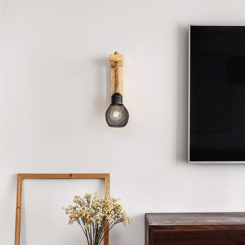 GOECO Vintage industriële wandlamp, retro rustieke houten wandlamp, zwarte metalen kooi lampenkap, henneptouw hangende wandverlichting (geen lampen)