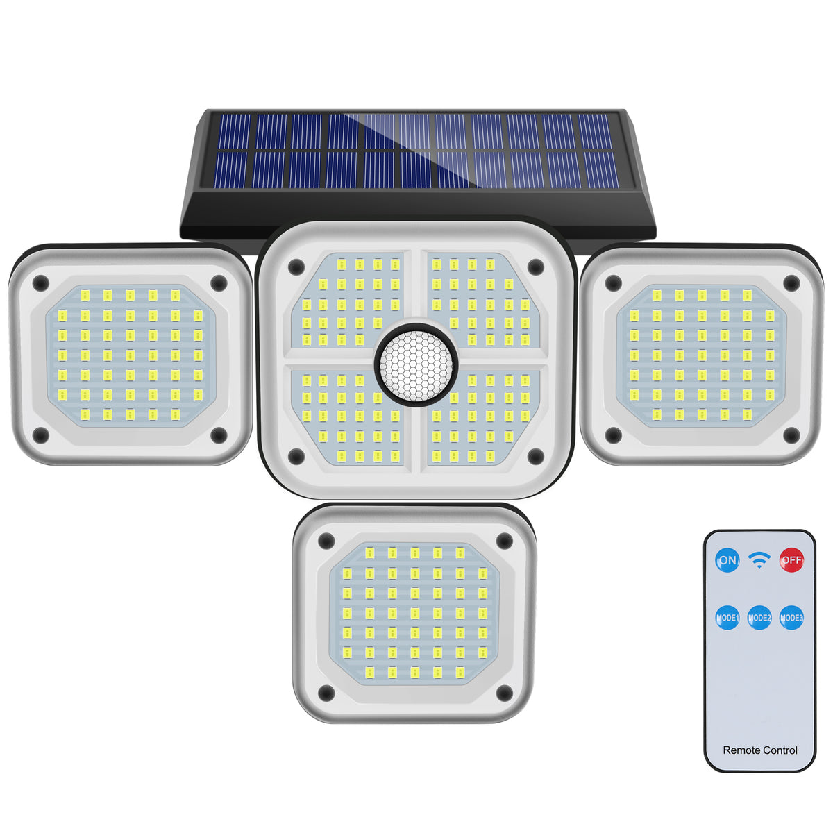 Buitenlamp op zonne-energie Bewegingsmelder, 4 koppen 231 LED-buitenlamp op zonne-energie met afstandsbediening IP65 Waterdichte buitenverlichting op zonne-energie 3 spotmodi LED-zonneprojector Tuin Koud Wit