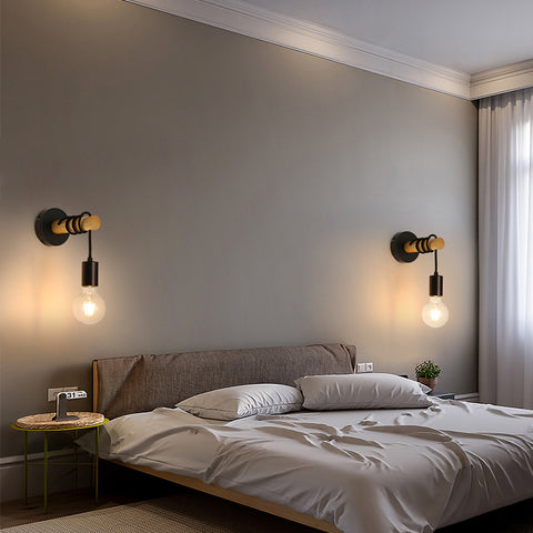 Vintage wandlamp, retro industriële houten design wandspot, E27-aansluiting 10 watt max, binnenverlichting voor woonkamer slaapkamer eetkamer gang bar zwart (zonder lamp)