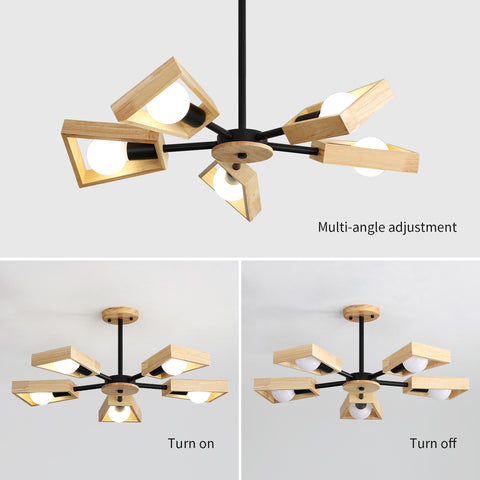 Houten hanglamp, woonkamer kroonluchterlamp lichtarmatuur voor binnenverlichting, hout vijf lampen geometrische hanglampen voor 5 E27-lampen (zonder lamp)