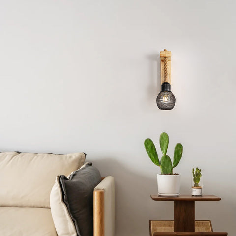 GOECO Vintage industriële wandlamp, retro rustieke houten wandlamp, zwarte metalen kooi lampenkap, henneptouw hangende wandverlichting (geen lampen)