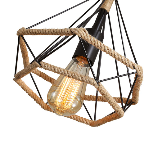 Henneptouwkooi-plafondlamp, industriële hangende kroonluchter 25 cm diamantvorm henneptouw