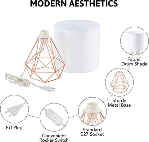 Lampenkap moderne tafellamp voor slaapkamer, woonkamer kooilamp met verchroomde afwerking en witte kap (rosé goud) Lampen niet inbegrepen