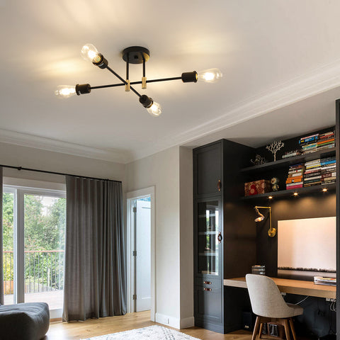 Moderne Sputnik-kroonluchter, industriële hanglamp met 4 lampen, E27 semi-inbouw plafondlamp voor eetkamer, woonkamer, keuken, kantoor, café, restaurant (lamp niet inbegrepen)