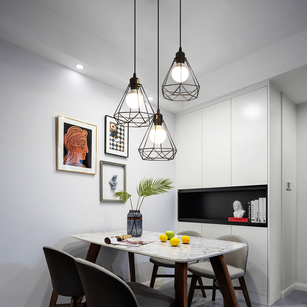3 vintage industriële hanglampen metalen kroonluchter hanglamp geometrische kooistijl E27 vintage hanglamp - zwart