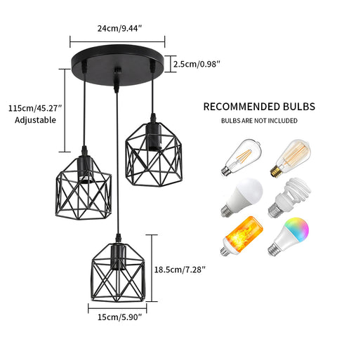 Vintage zwarte hanglamp, vintage zwart kooimetaal, industriële plafondlamp, 3 E26-lampen (lamp niet inbegrepen)