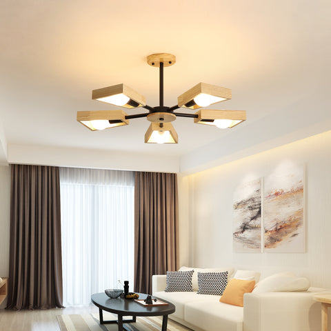 Houten hanglamp, woonkamer kroonluchterlamp lichtarmatuur voor binnenverlichting, hout vijf lampen geometrische hanglampen voor 5 E27-lampen (zonder lamp)