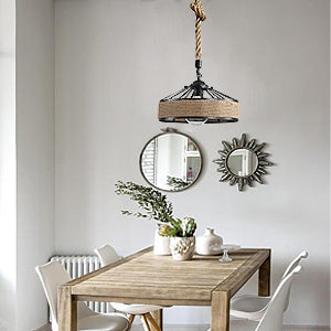 GOECO Henneptouw Kroonluchter, Retro Zwart Metalen Hanglamp, Landelijke Hangende Kroonluchters, Hal Plafondlamp E27 Verlichtingsarmatuur voor Woonkamer Slaapkamer Versieren Huis 220V