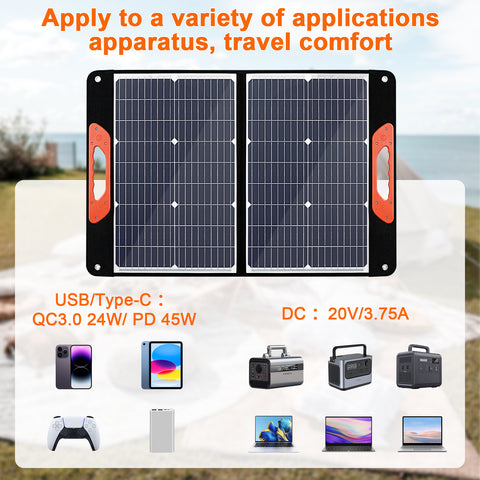 75W opvouwbaar draagbaar zonnepaneel 3 poorten DC/PD 45W/QC3.0/USB Compatibel met de meeste draagbare zonnegeneratoren/krachtcentrales/telefoons/laptops voor reizen/kamperen/camper