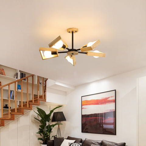 Houten hanglamp, woonkamer kroonluchterlamp lichtarmatuur voor binnenverlichting, hout vijf lampen geometrische hanglampen voor 5 E27-lampen (zonder lamp)