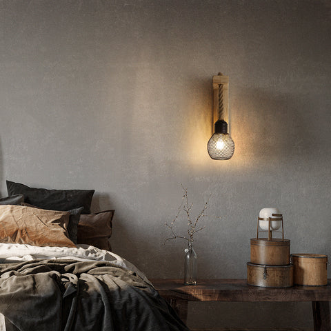 GOECO Vintage industriële wandlamp, retro rustieke houten wandlamp, zwarte metalen kooi lampenkap, henneptouw hangende wandverlichting (geen lampen)