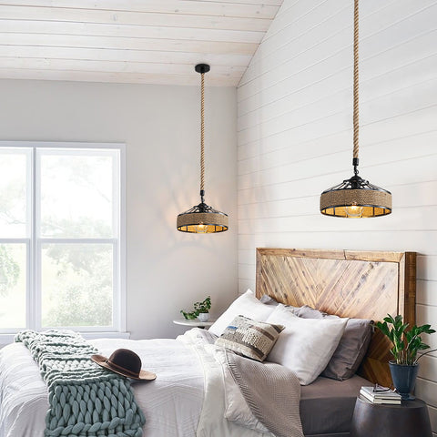 GOECO Henneptouw Kroonluchter, Retro Zwart Metalen Hanglamp, Landelijke Hangende Kroonluchters, Hal Plafondlamp E27 Verlichtingsarmatuur voor Woonkamer Slaapkamer Versieren Huis 220V