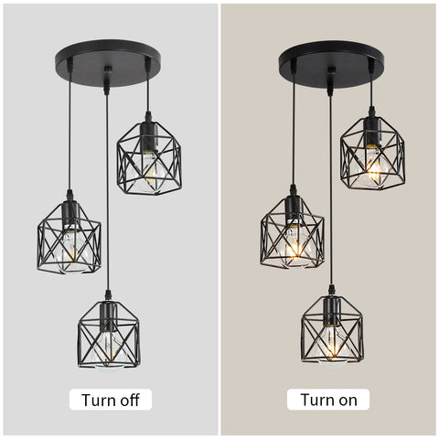 Vintage zwarte hanglamp, vintage zwart kooimetaal, industriële plafondlamp, 3 E26-lampen (lamp niet inbegrepen)