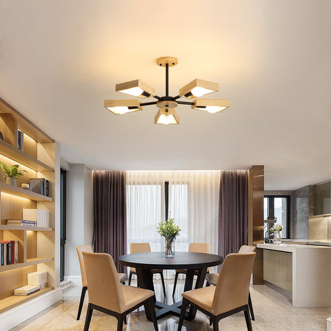 Houten hanglamp, woonkamer kroonluchterlamp lichtarmatuur voor binnenverlichting, hout vijf lampen geometrische hanglampen voor 5 E27-lampen (zonder lamp)