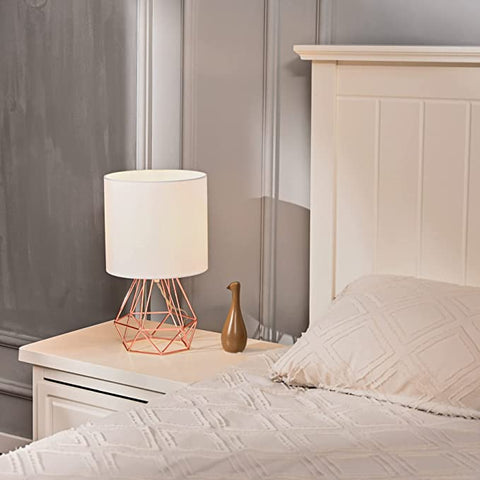 Lampenkap moderne tafellamp voor slaapkamer, woonkamer kooilamp met verchroomde afwerking en witte kap (rosé goud) Lampen niet inbegrepen
