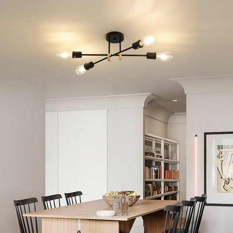 Moderne Sputnik-kroonluchter, industriële hanglamp met 4 lampen, E27 semi-inbouw plafondlamp voor eetkamer, woonkamer, keuken, kantoor, café, restaurant (lamp niet inbegrepen)