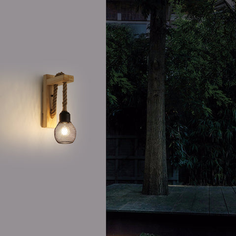 GOECO Vintage industriële wandlamp, retro rustieke houten wandlamp, zwarte metalen kooi lampenkap, henneptouw hangende wandverlichting (geen lampen)