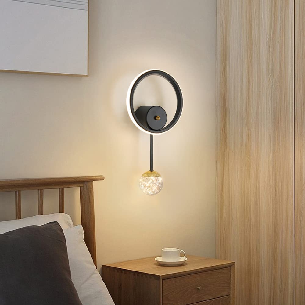 Binnenwandlamp, LED-wandlamp modern 17W rond ontwerp, LED-wandlamp 3000K warm licht zwart voor slaapkamer, woonkamer, hal