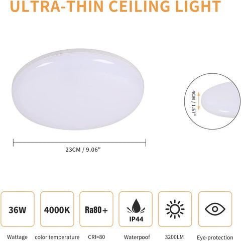 LED-plafondlamp, 36W 3200LM moderne plafondlamp, ultradunne ronde LED-plafondlamp voor badkamer keuken slaapkamer gang balkon, Ø23*H4cm, 4000K natuurlijk wit