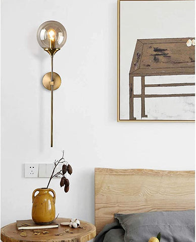 Vintage industriële wandlamp, amberkleurige glazen bol met lange arm gouden wandlamp, gouden wandlamp voor nachtkastje (amber) E14, (lamp niet inbegrepen)