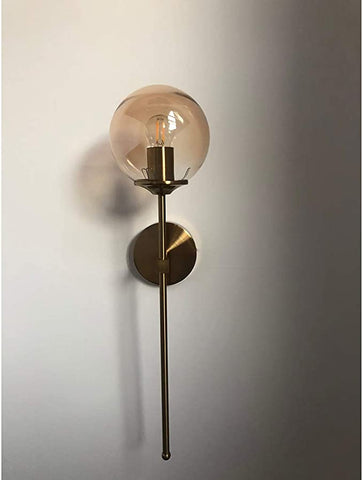 Vintage industriële wandlamp, amberkleurige glazen bol met lange arm gouden wandlamp, gouden wandlamp voor nachtkastje (amber) E14, (lamp niet inbegrepen)