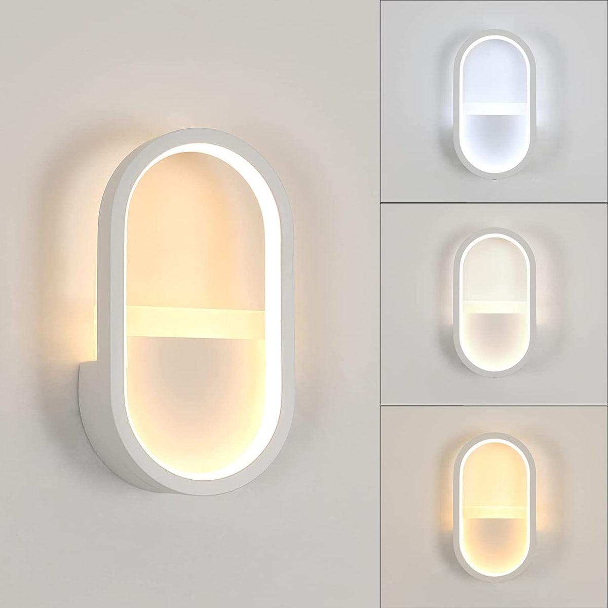 Moderne LED-wandlamp, 3000K, 4000K, 6000K 3 kleuren verstelbare wandlamp, 10W ovale binnenwandverlichting voor hal, slaapkamer, woonkamer (schakelbediening) Wit