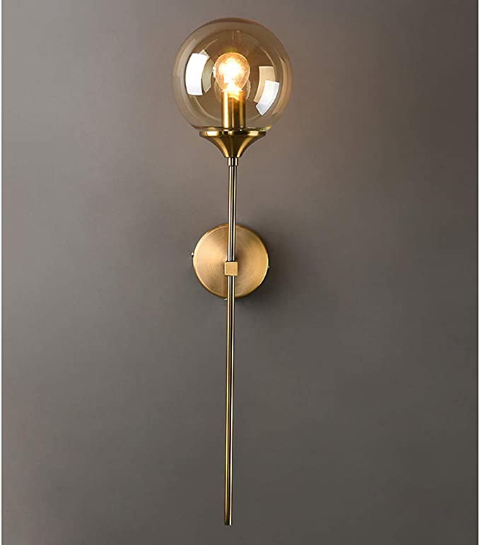 Vintage industriële wandlamp, amberkleurige glazen bol met lange arm gouden wandlamp, gouden wandlamp voor nachtkastje (amber) E14, (lamp niet inbegrepen)