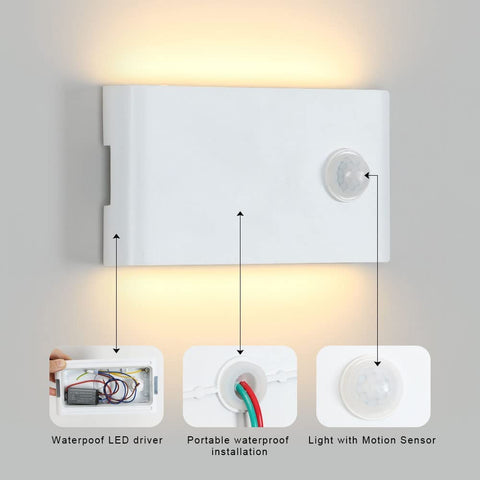 12W buitenwandlamp met bewegingssensor, IP65 wit vakmanschap mat ontwerp buiten/binnen aluminium wandlamp, acryl wandlamp voor balkon, trap, tuin, garage, 3000K
