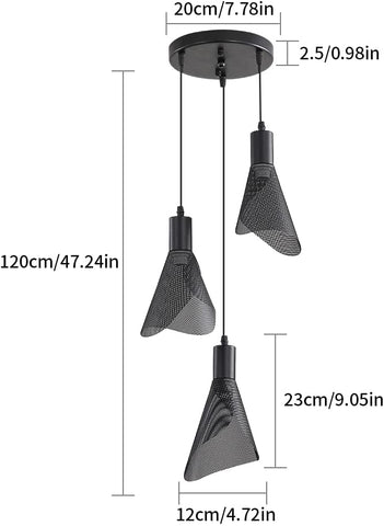 Industriële hanglamp, vintage zwarte plafondlamp, kroonluchter met PVC-lampenkap voor slaapkamer, woonkamer, restaurant, bar, 3 E14-lampen (geen lamp)