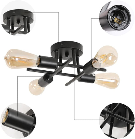 Vintage plafondlamp E27-basis 4-lamps plafondlamp voor woonkamer slaapkamer eetkamer kantoor zwart
