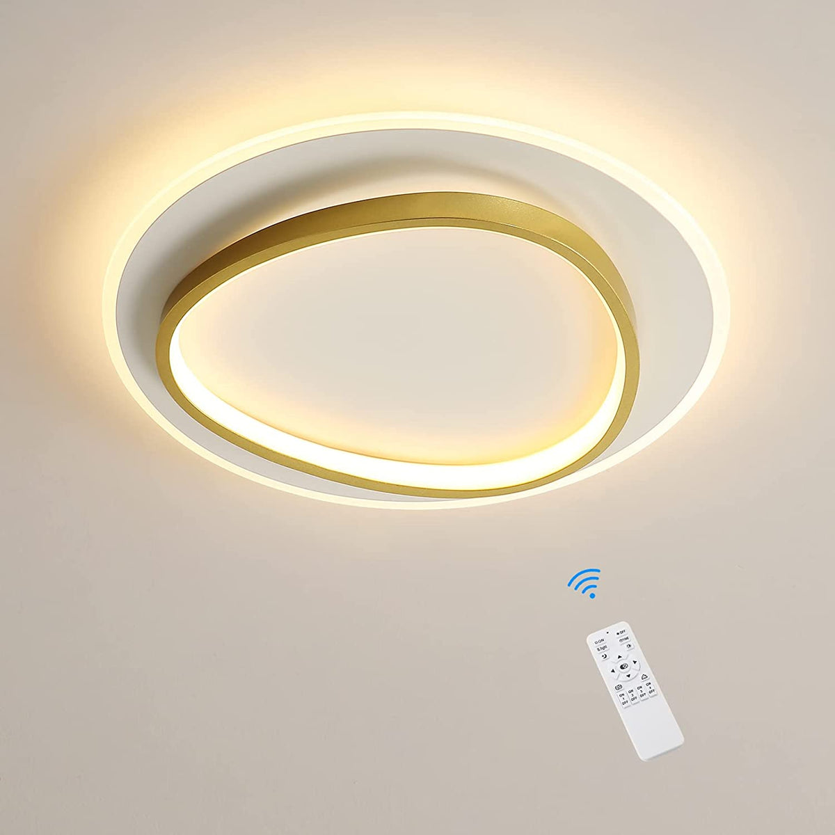 Moderne LED-plafondlamp, 40W 2700-6500K dimbare LED-plafondlamp met afstandsbediening, ronde, halfverzonken plafondverlichting voor slaapkamer, woonkamer, kantoor, studeerkamer (Ø40CM, wit en goud)