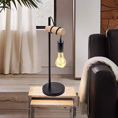 Tafellamp, retro design leeslamp, hout en metaal, kantoor- en slaapkamerverlichting, bedlamp, voor E27 LED-lamp 10W Max (zwart)