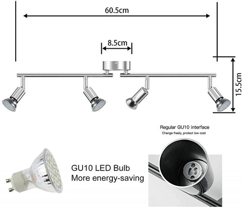 LED-plafondspots, 360° draaibare plafondlampen LED-spotverlichting, moderne 4-kops GU10 metalen plafondlampen, IP20