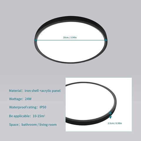 24W LED-plafondlamp, 2160LM IP50-plafondlamp, 6500K koelwit ultradunne plafondlamp, zwarte ronde plafondlamp voor slaapkamer woonkamer gang balkon badkamer kantoor, Ø30cm